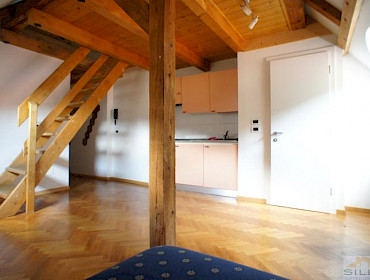 Wohnzimmer mit Kochecke und Treppen ins DG-Zimmer
