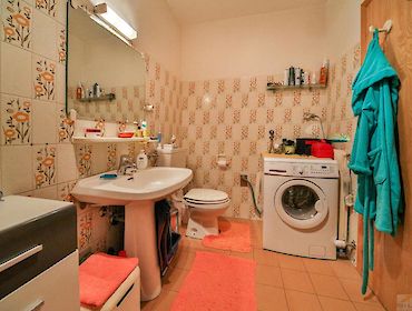 Badezimmer mit Badewanne und Waschmaschine