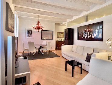 living room with walnut parquet